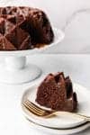 a slice taken from a chocolate bundt cake
