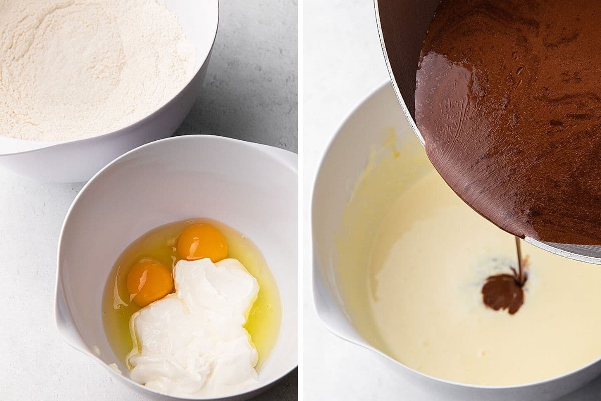 cake ingredients in mixing bowls