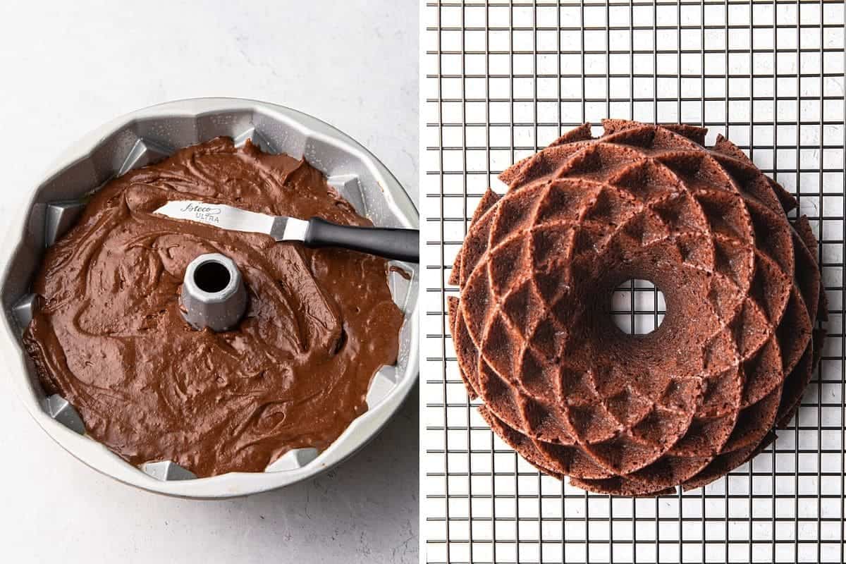 batter in bundt pan before and after baking