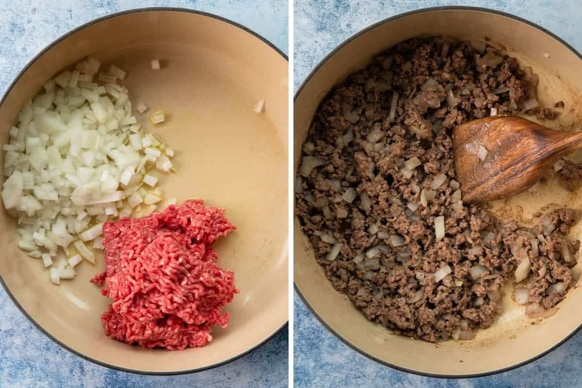 Ground beef and onion being cooked in a pan.