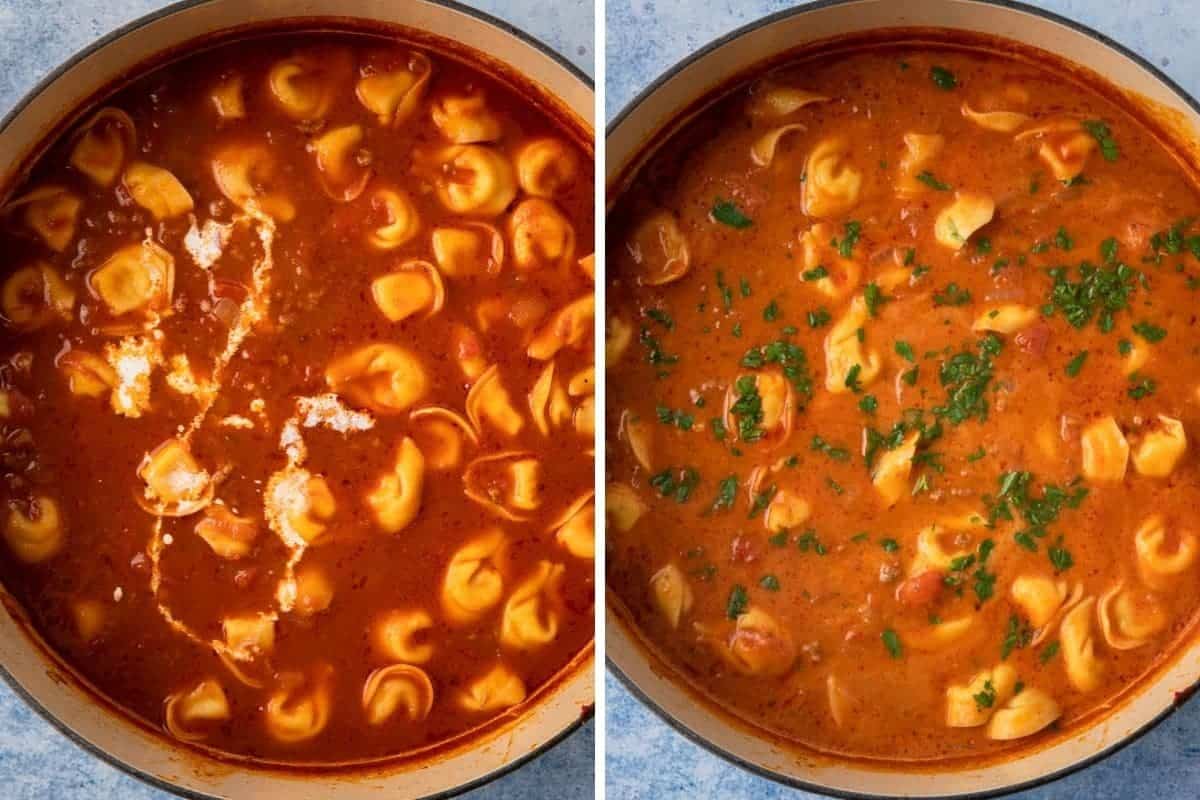 Adding cream to make a tortellini soup.