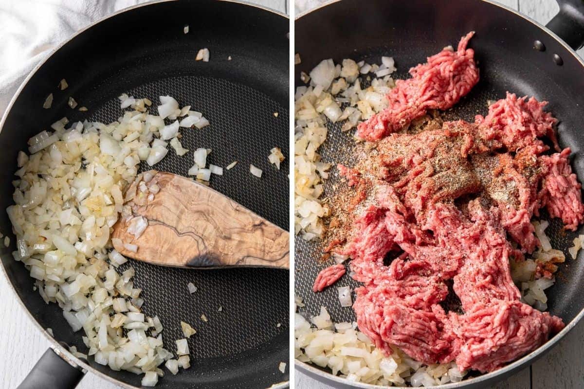cooking onions, ground beef, and seasoning