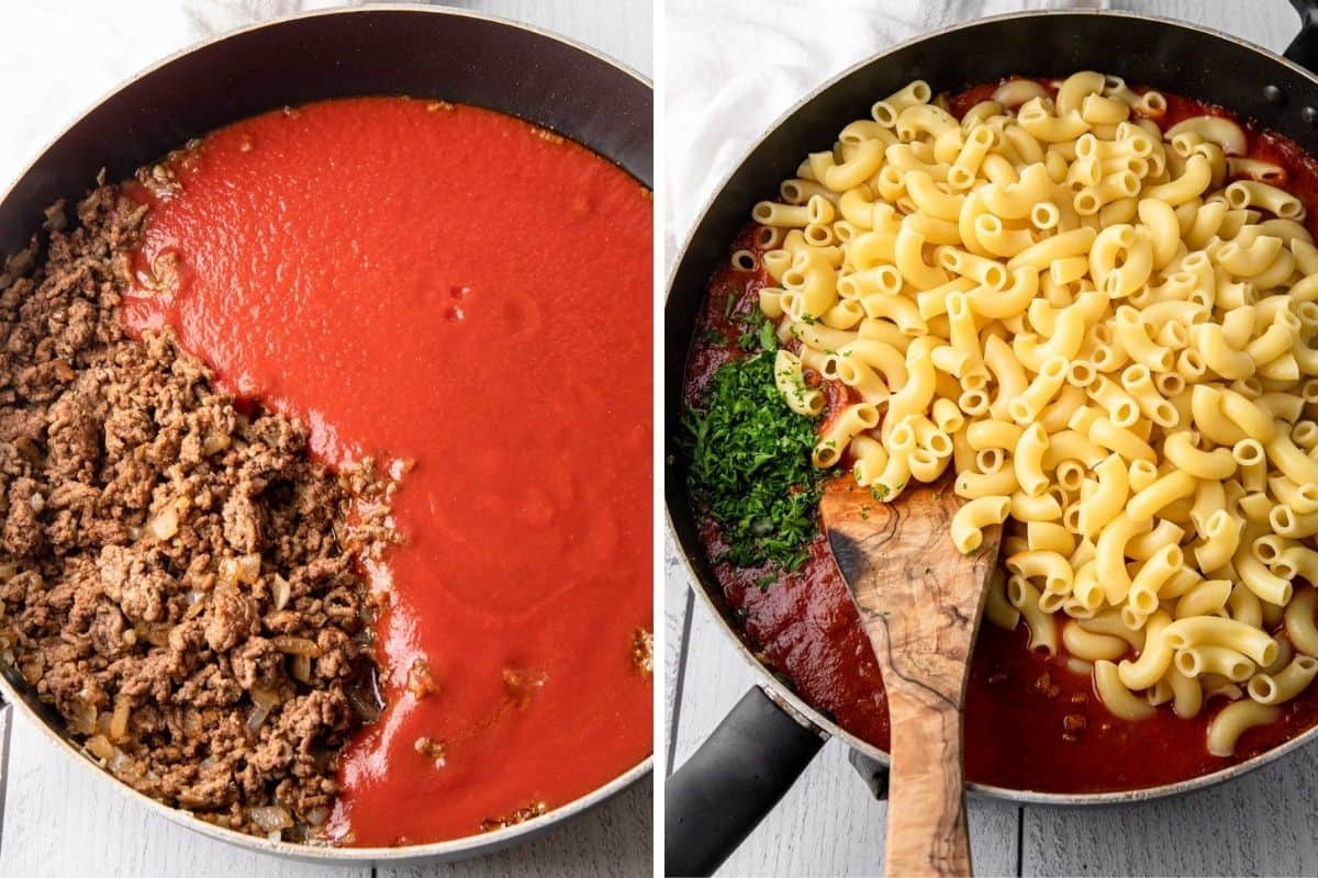 tomato sauce and cooked macaroni in a skillet