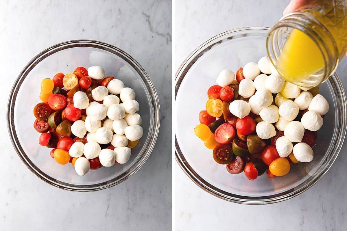 making a salad with cherry tomatoes and fresh mozzarella balls and dressing