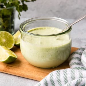 cilantro garlic sauce in a glass container
