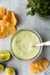 cilantro garlic sauce with some chips