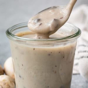 cream of mushroom soup on a spoon over a container