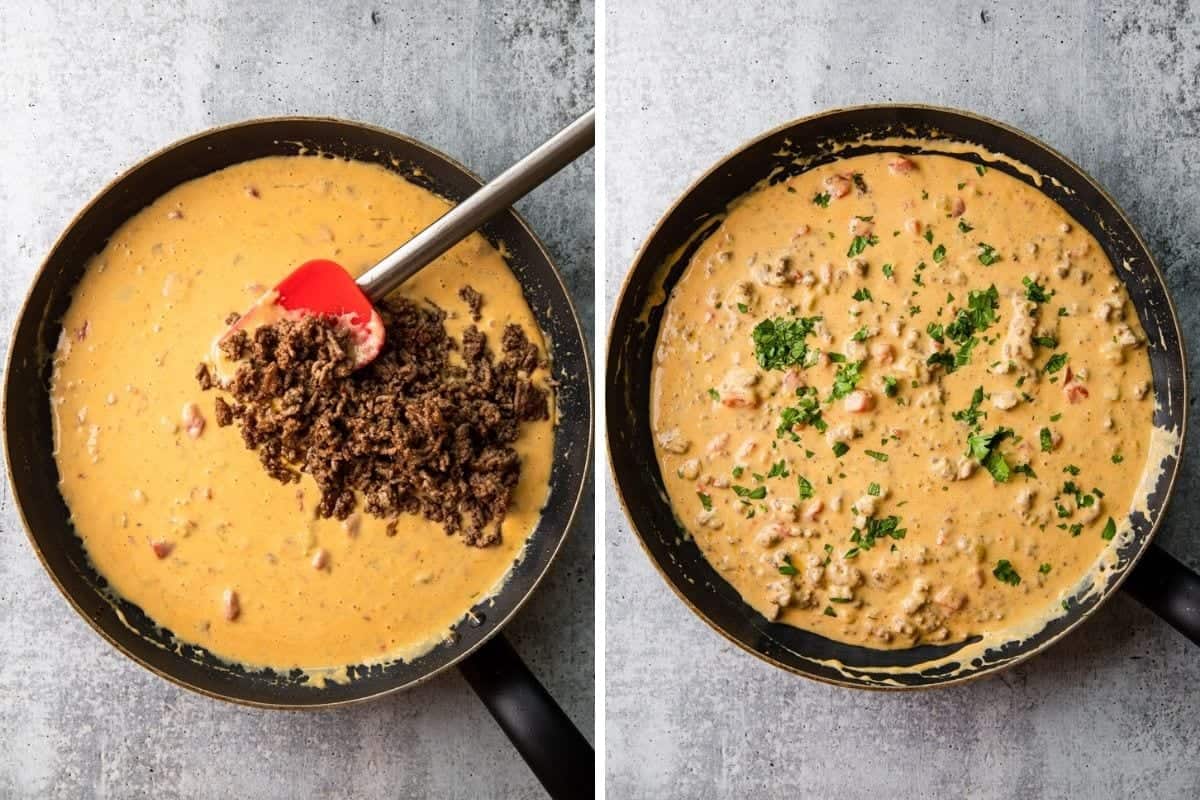 adding cooked ground beef to melted velveeta queso