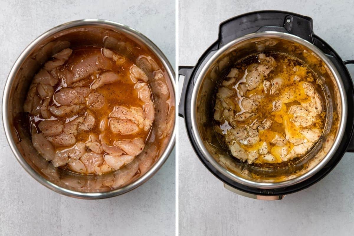 sliced chicken breast in the instant pot before and after cooking process