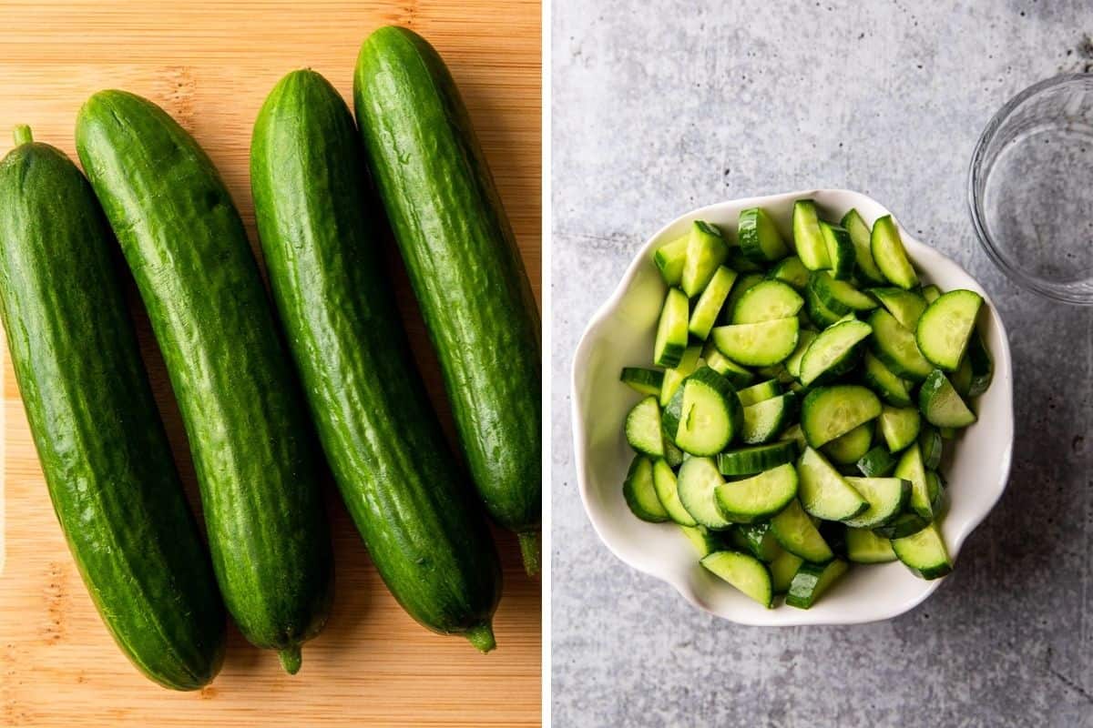 cucumbers on a cutting board, cucumbers sliced into quarters in a bowl