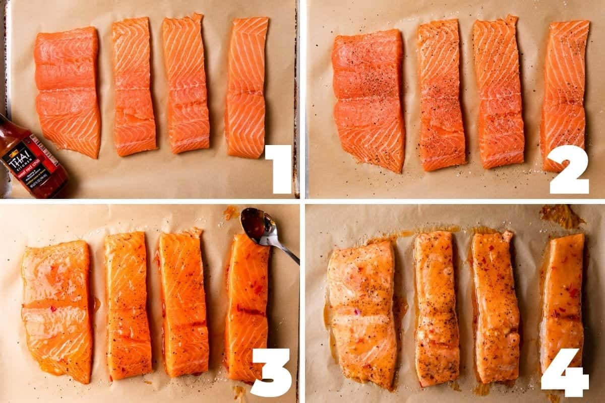 salt and pepper on salmon, sweet chili sauce on salmon, salmon baked