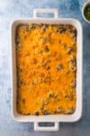 rice and ground beef mixture in a casserole dish before and after baking
