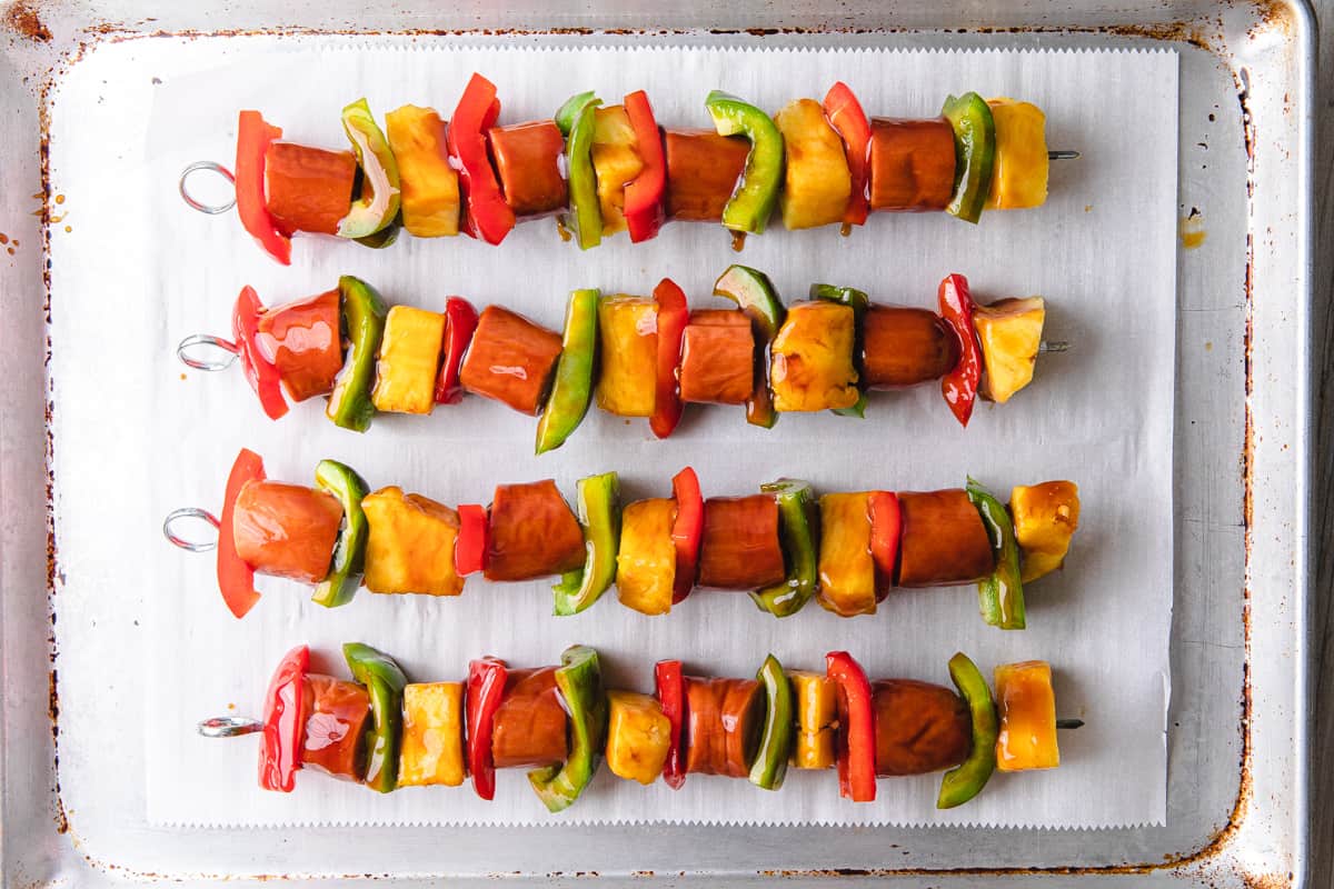 sausage kabobs on a sheet pan