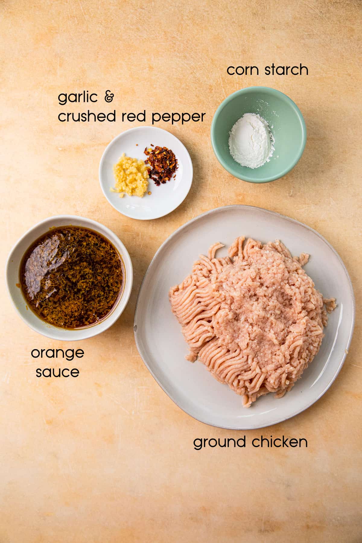 ground chicken, spices, orange sauce, cornstarch