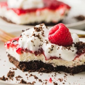 Chocolate Raspberry Dessert Bars on a white plate and topped with a fresh rapsberry.