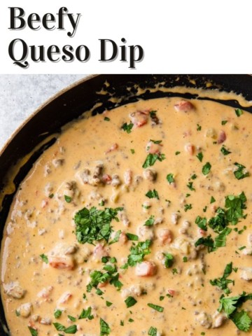beefy queso dip in a skillet