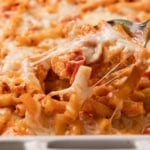 a pan of baked pasta in a red sauce