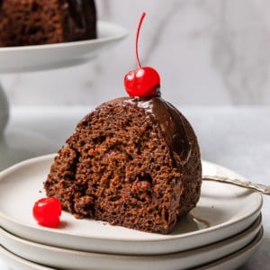 chocolate cherry bundt cake slice on a plate