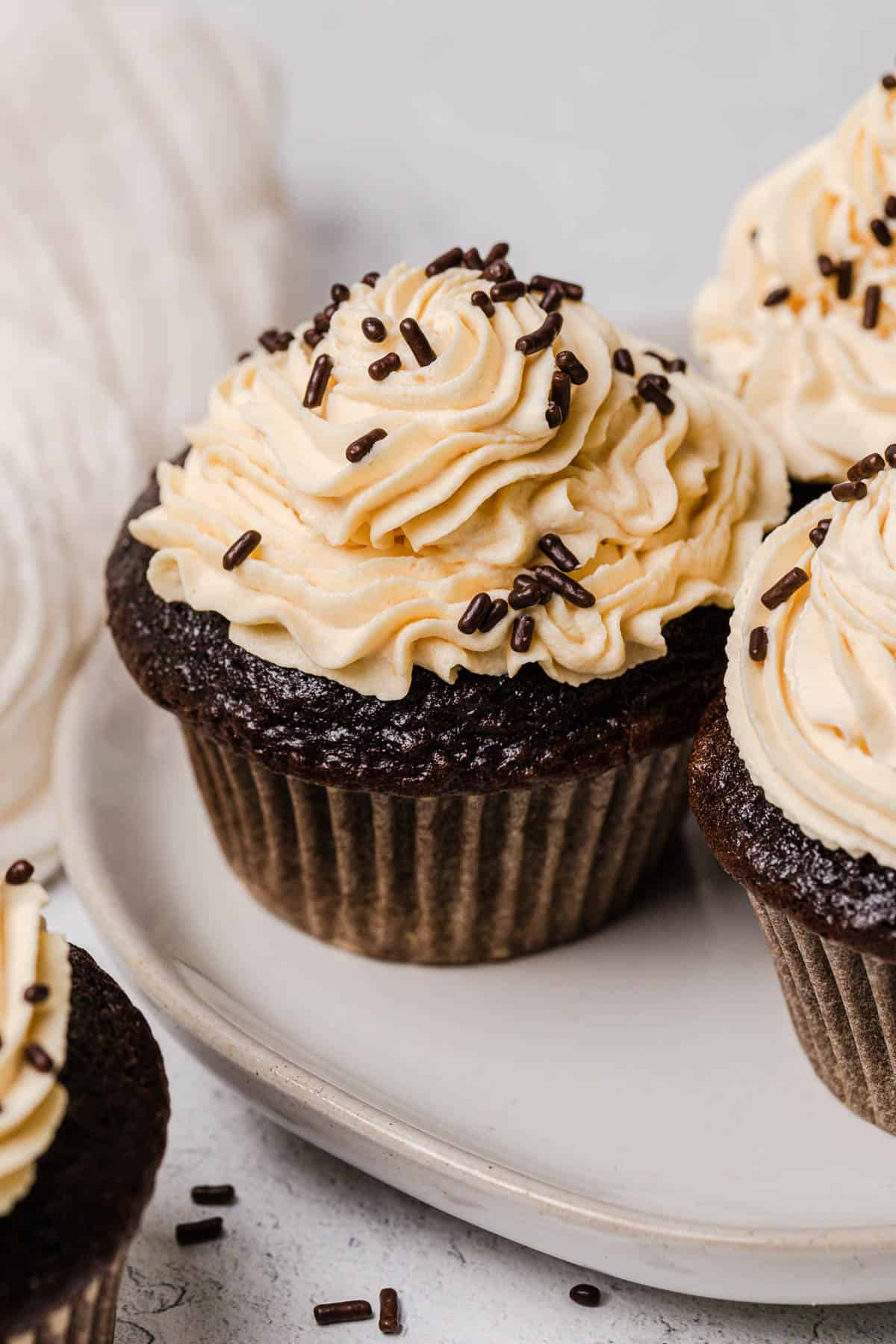 a chocolate cupcake frosted on a plate