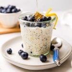 overnight oats in a glass jar with honey drizzle