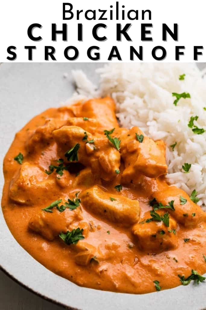 brazilian chicken stroganoff pin image with text overlay