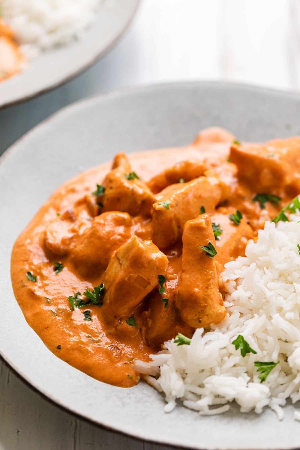brazilian chicken stroganoff recipe with a side of rice on a plate