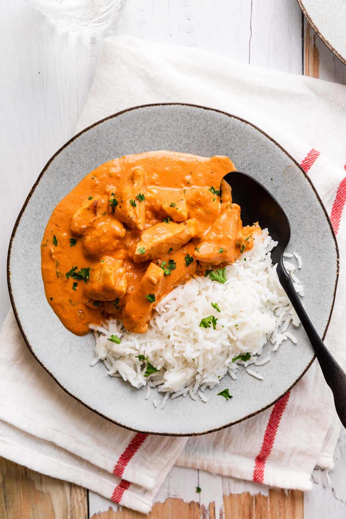 a plate of chicken stroganoff with a spoon