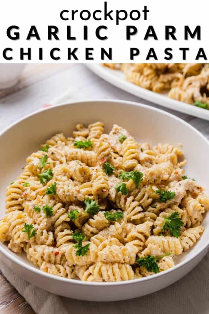a pin image of a rotini pasta dish with text overlay