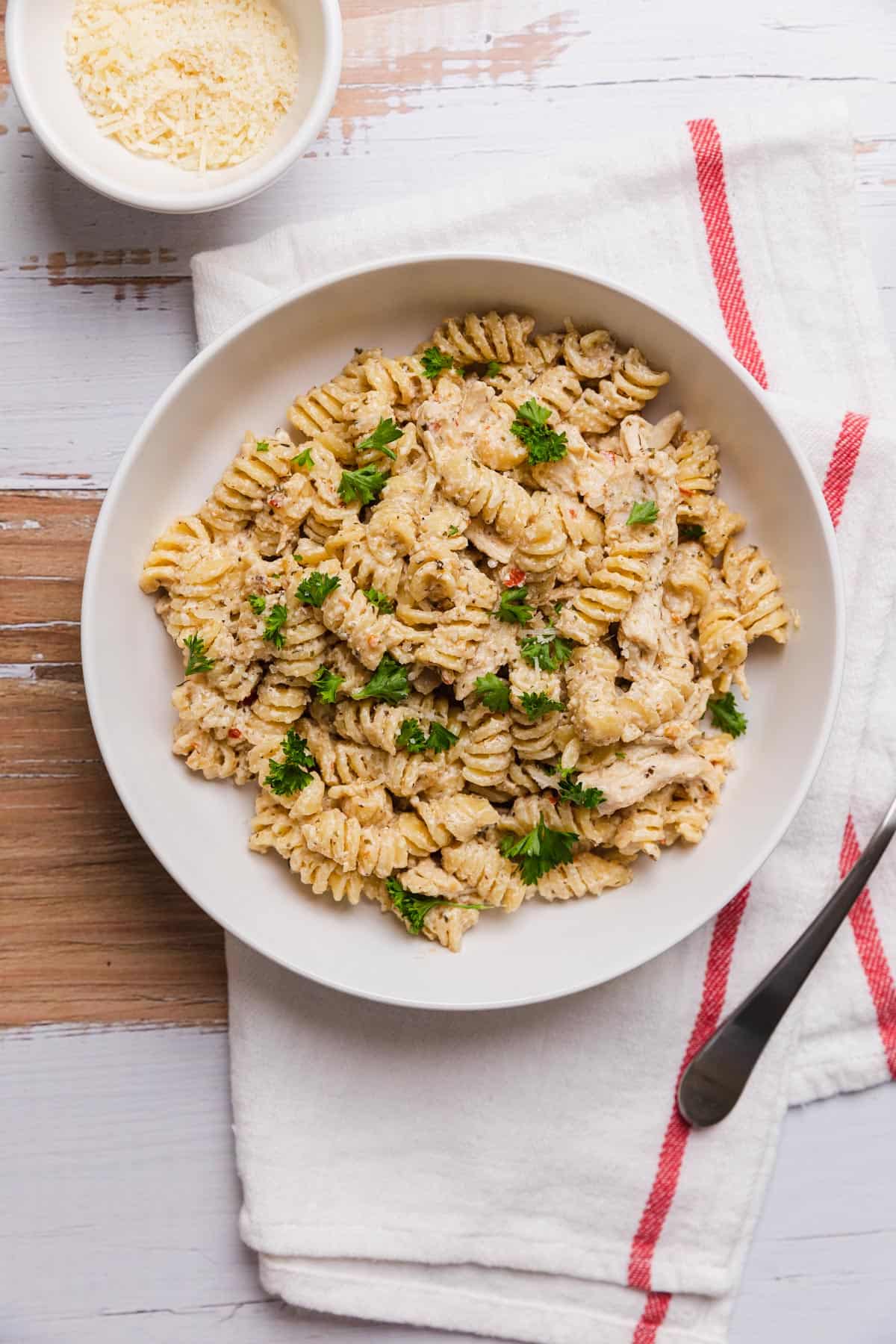 a bowl of a creamy rotini pasta dish