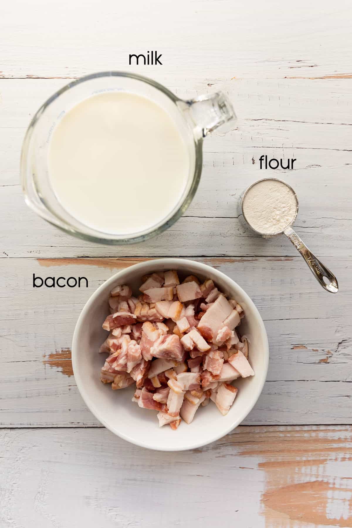 recipe ingredients like chopped bacon, milk, and flour