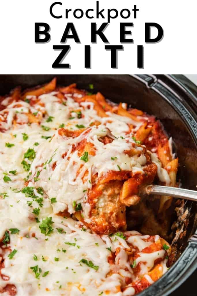 crockpot baked ziti image with text overlay