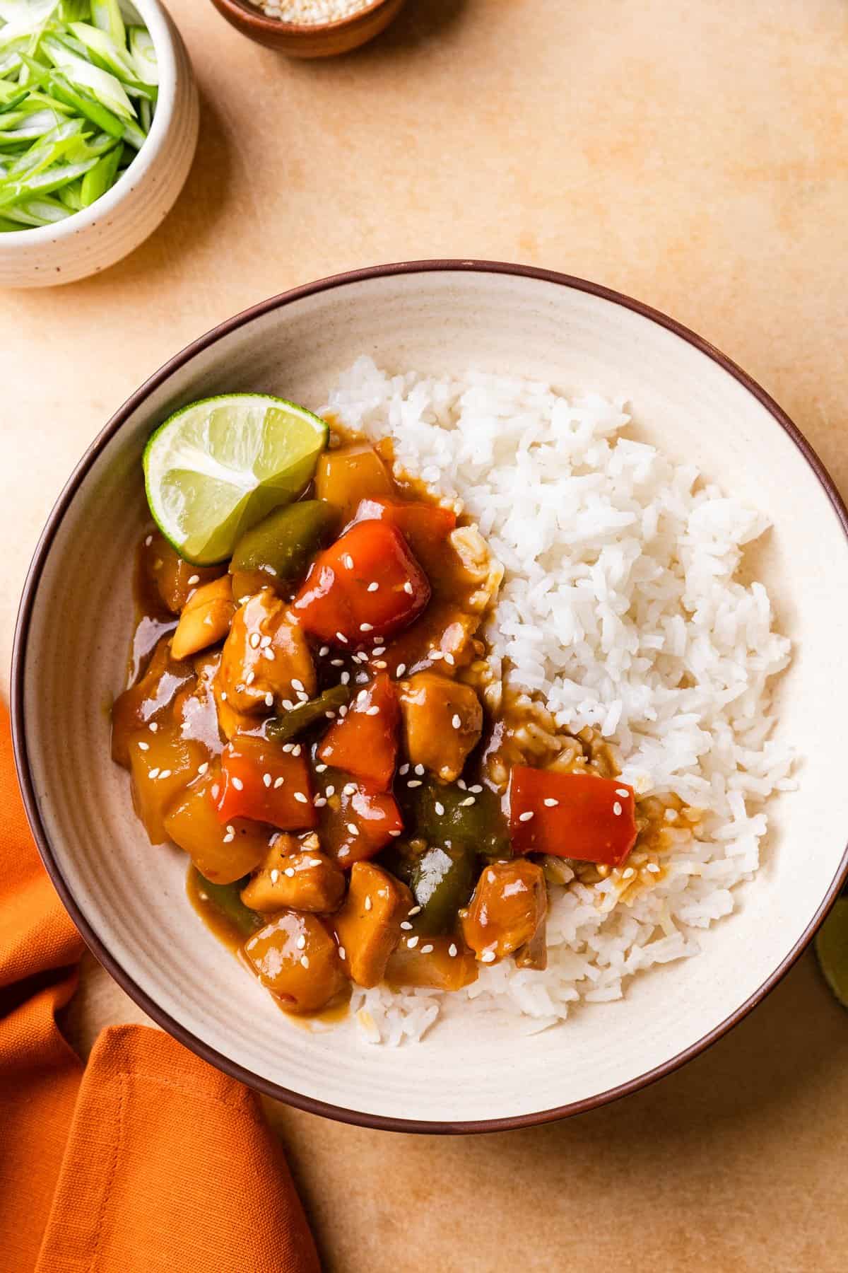 hawaiian chicken in a bowl with white rice