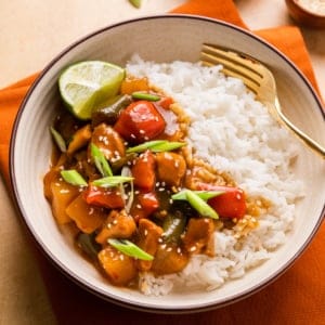 instant pot Hawaiian chicken in a bowl with white rice