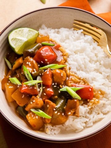 instant pot Hawaiian chicken in a bowl with white rice