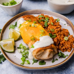 a plate of pollo fundido with red rice on the side