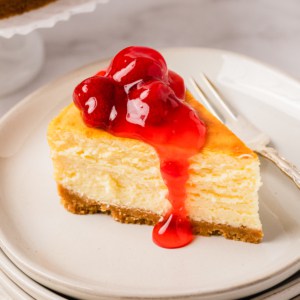 a slice of strawberry cheesecake