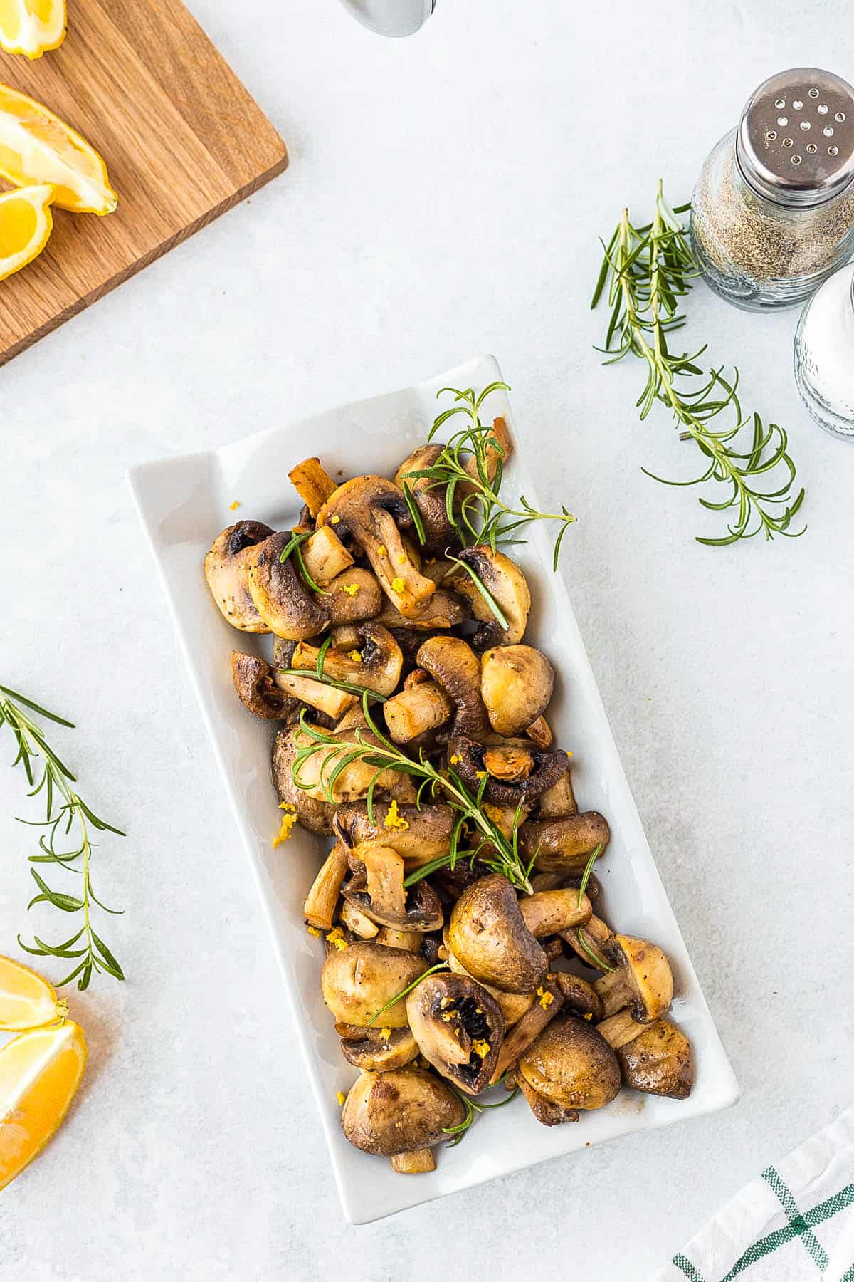 the completed air fryer mushrooms recipe on a white platter