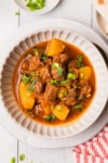the completed recipe of stew in a bowl