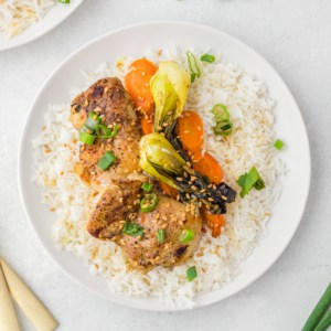 the finished recipe on a plate with rice