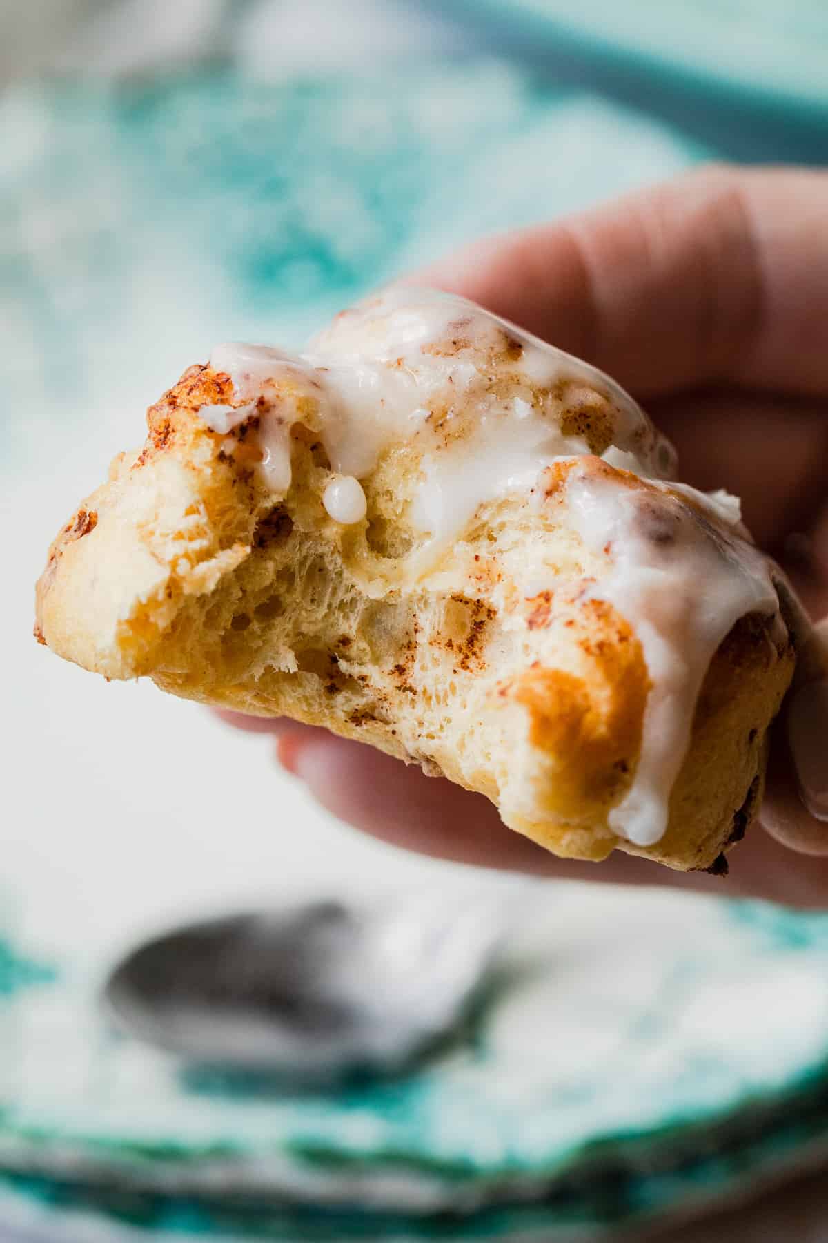 a bite out of a cinnamon roll