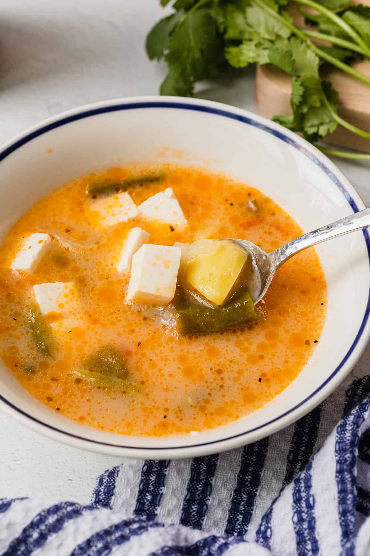 a bowl of caldo de queso cheese and potato soup