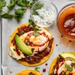 Huevos rancheros on a sheet pan for recipe card.