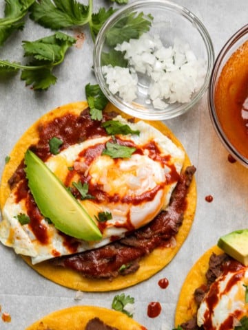 Huevos rancheros on a sheet pan for recipe card.