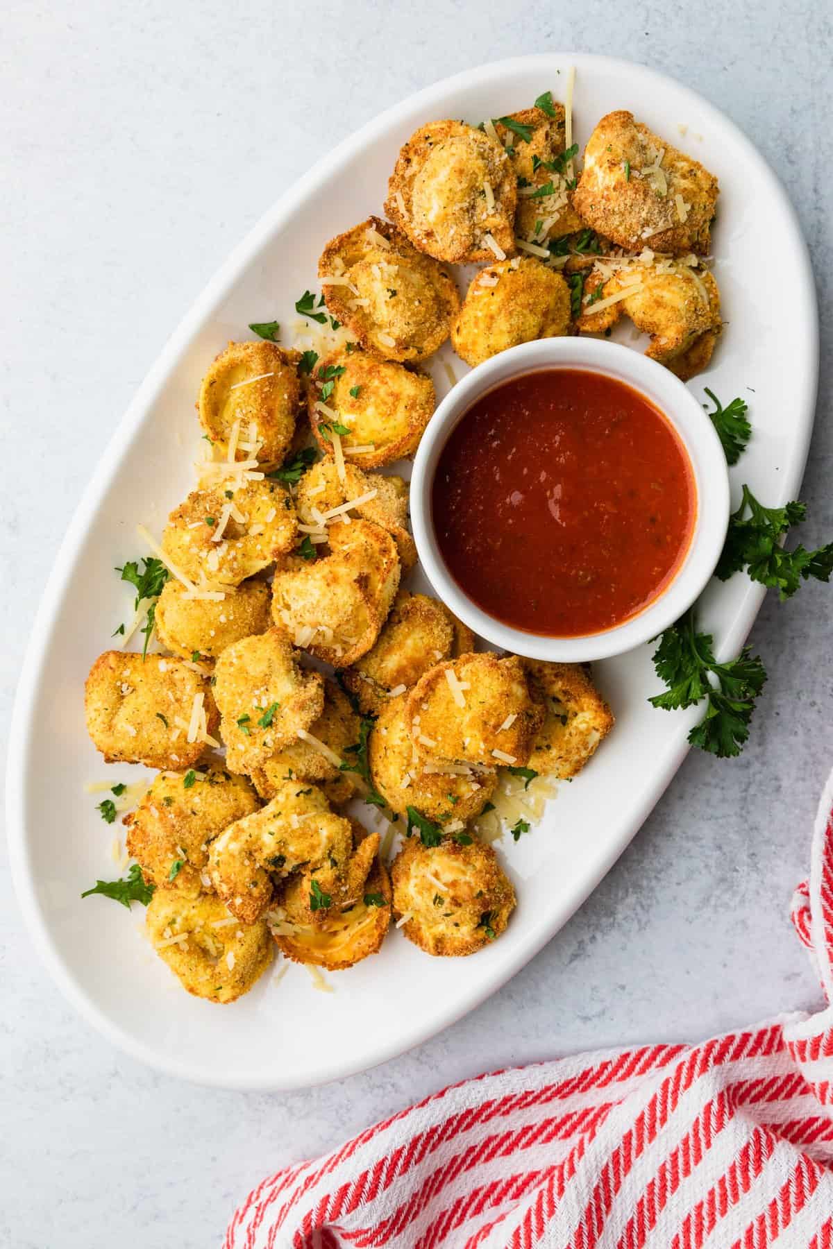 a platter of crispy air fryer tortellini