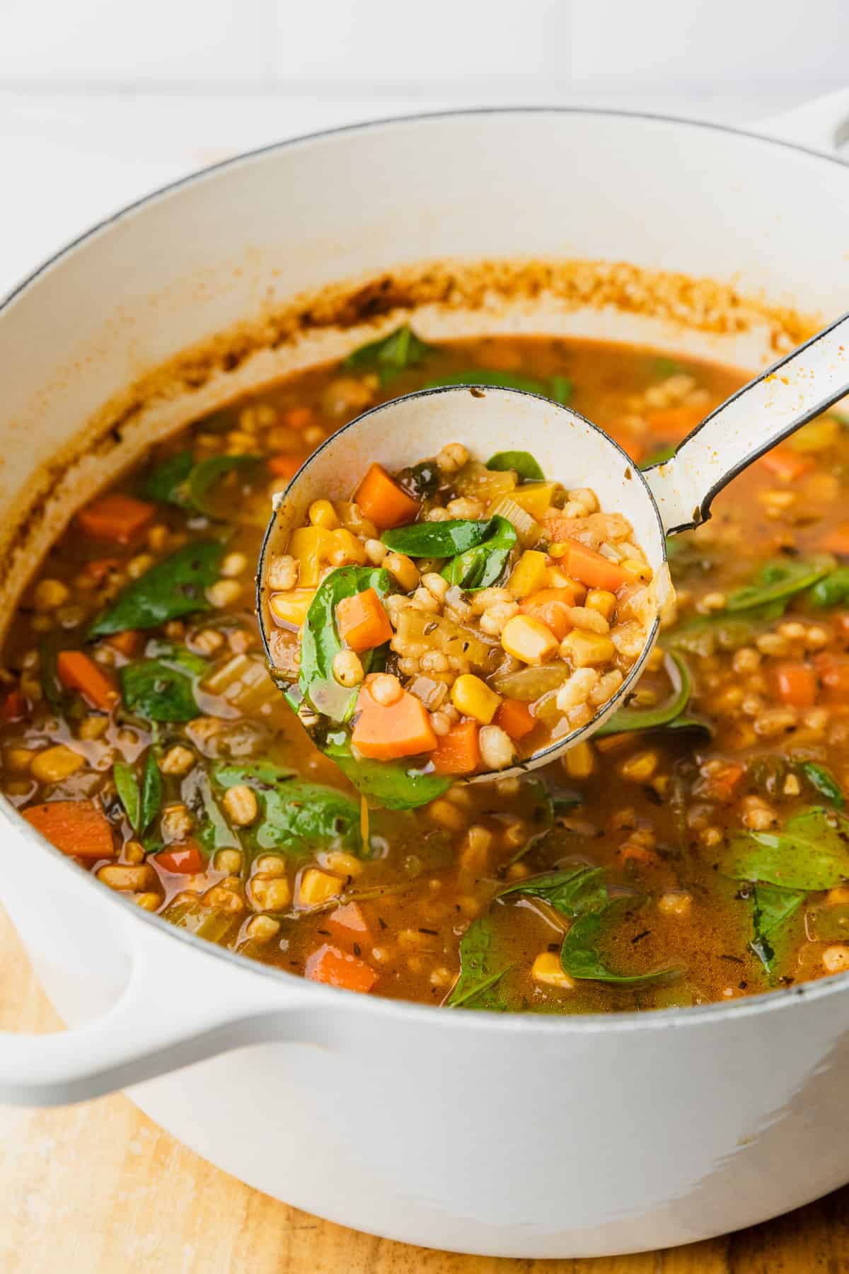 panera 10 vegetable soup being ladled from a soup pot