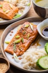 air fryer teriyaki salmon on a plate with rice