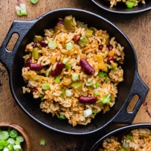 vegetarian dirty rice in a black bowl