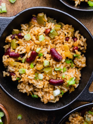 vegetarian dirty rice in a black bowl