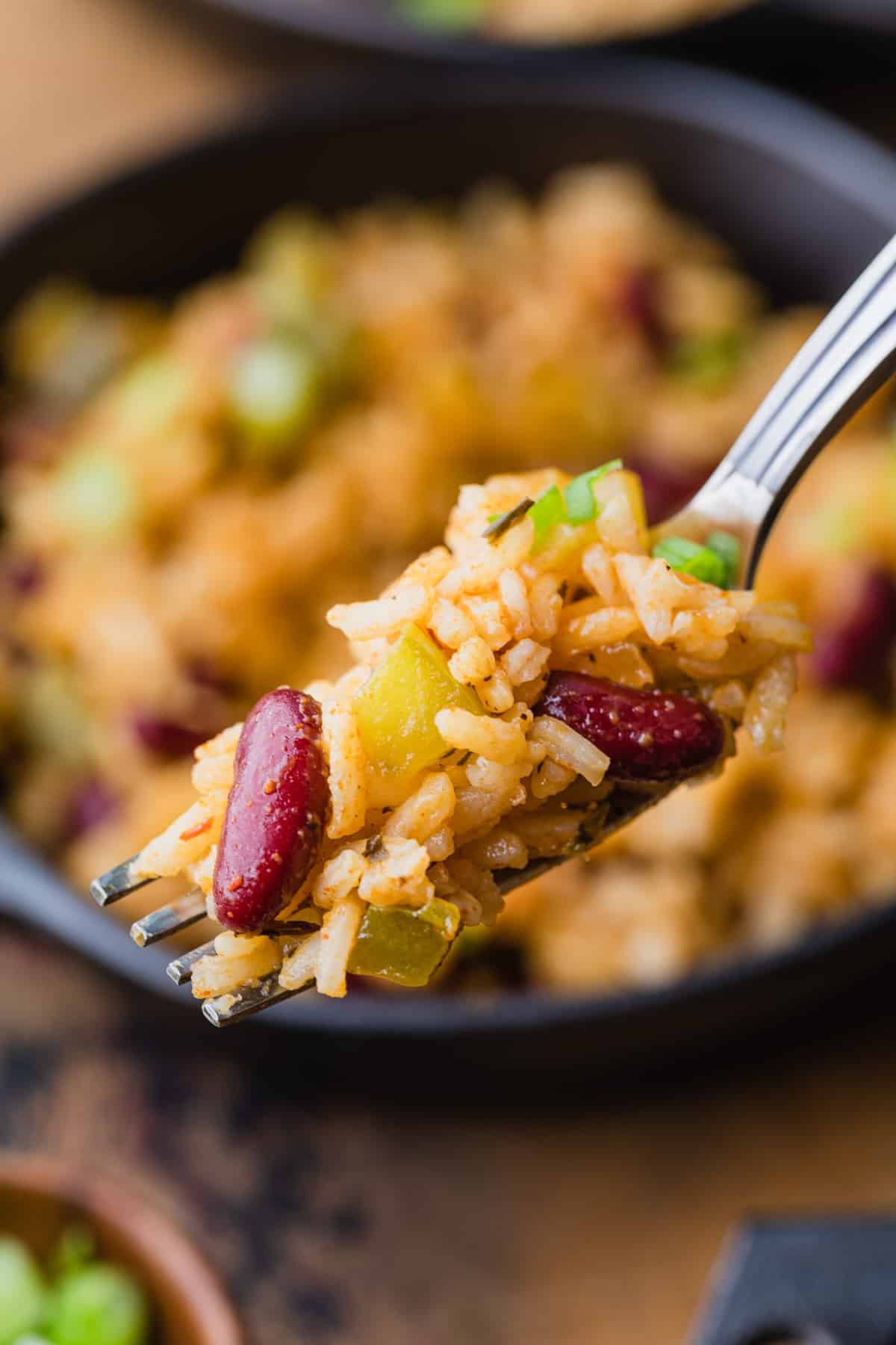 vegetarian dirty rice on a fork