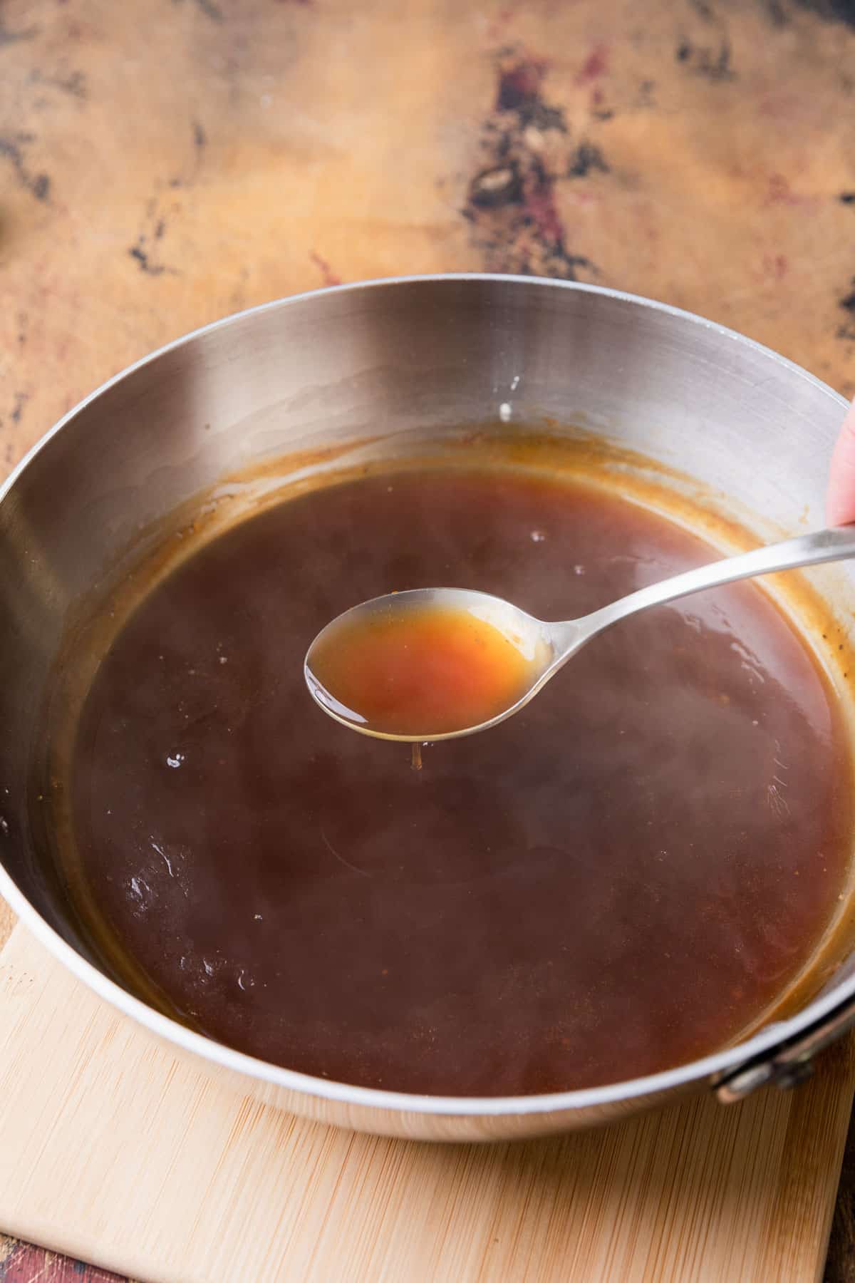 thickened gravy in a saucepan